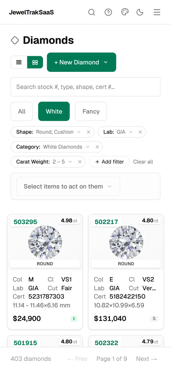 JewelTrak mobile diamond cards with stone photos and inline specs